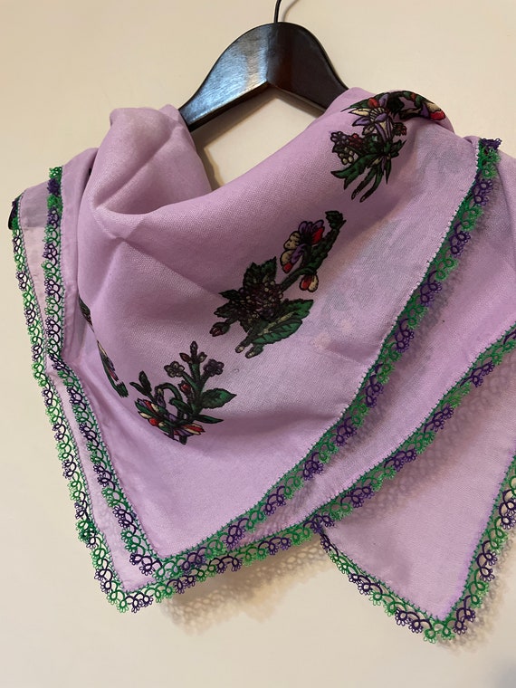 Lilac Purple Green Tatting Oya Lace Scarf - image 7