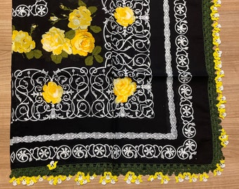 Yellow Black Cotton Oya Lace Yazma Scarf