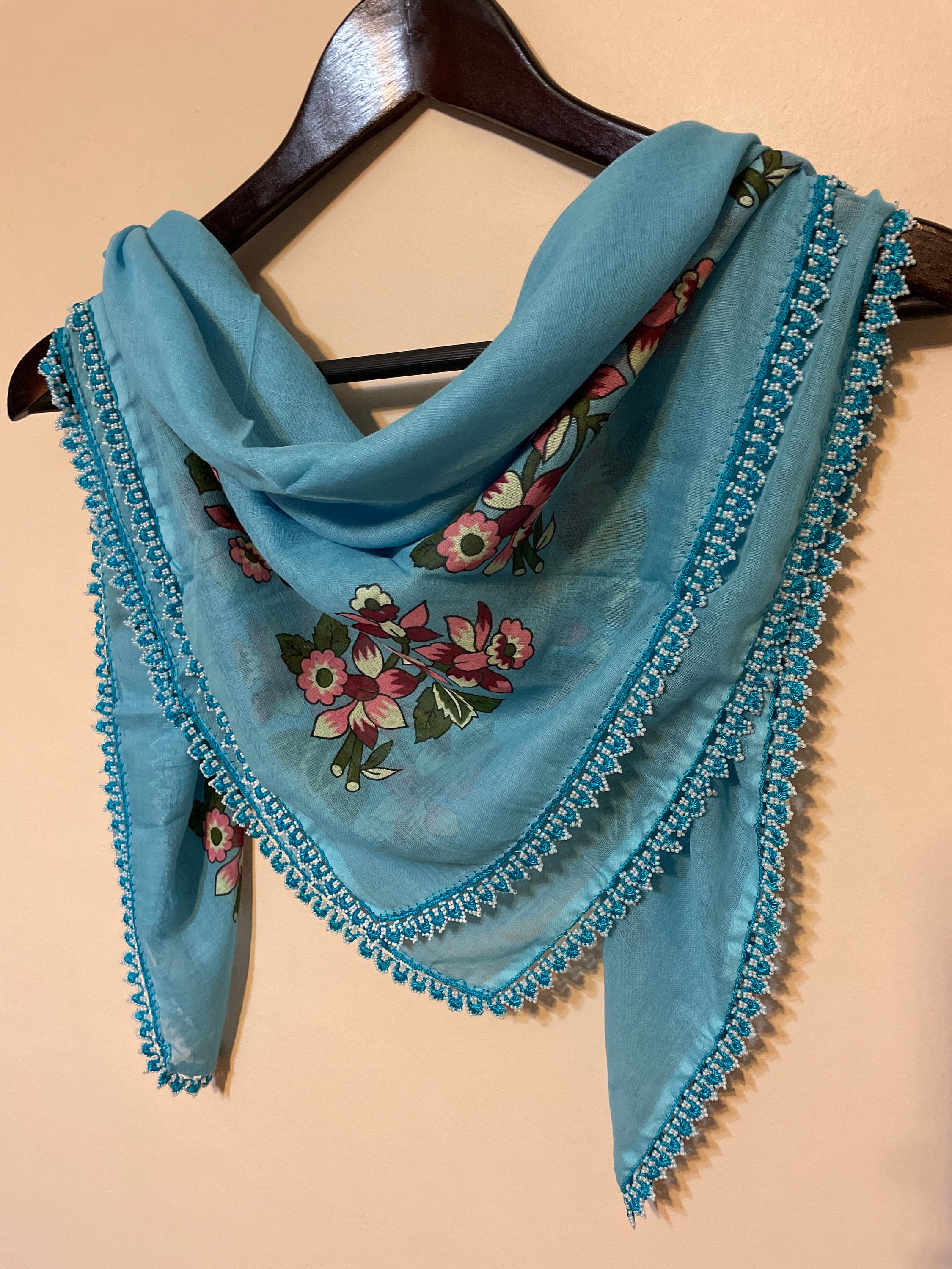 Blue Beaded Cotton Oya Lace Scarf - Etsy