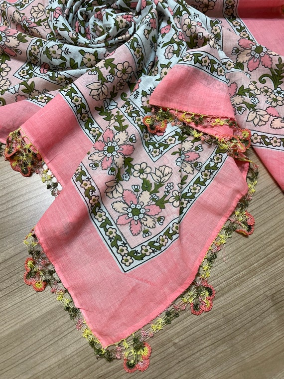 Pink Cotton Oya Lace Yazma Scarf - Etsy