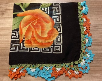 Brown Blue Orange Oya Lace Yazma Scarf