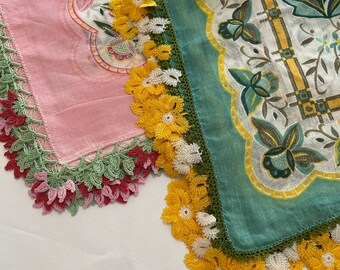 Vintage Pink Green Cotton Oya Lace Scarf Traditional Turkish Scarf