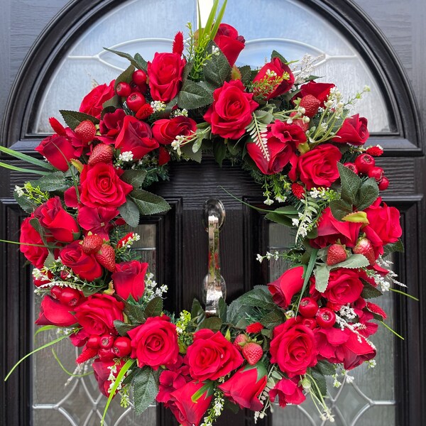 Large luxury Year round wreath, red strawberry wreath, red year round wreath, red rose wreath