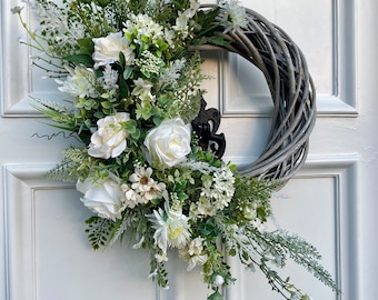 Luxury large year round white rose wreath on grey base