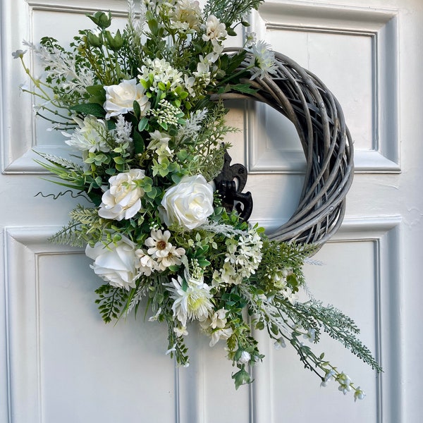 Luxury large year round white rose wreath on grey base