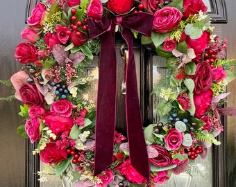 Extra large year round door wreath, large red and pink door wreath, valentines wreath