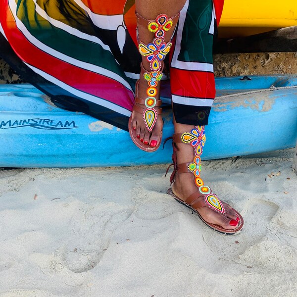 FNT Handmade Branded Gladiator Sandals: Maasai and Samburu inspired sandals intricate beadwork by artisan family in Kenya and 100 % leather