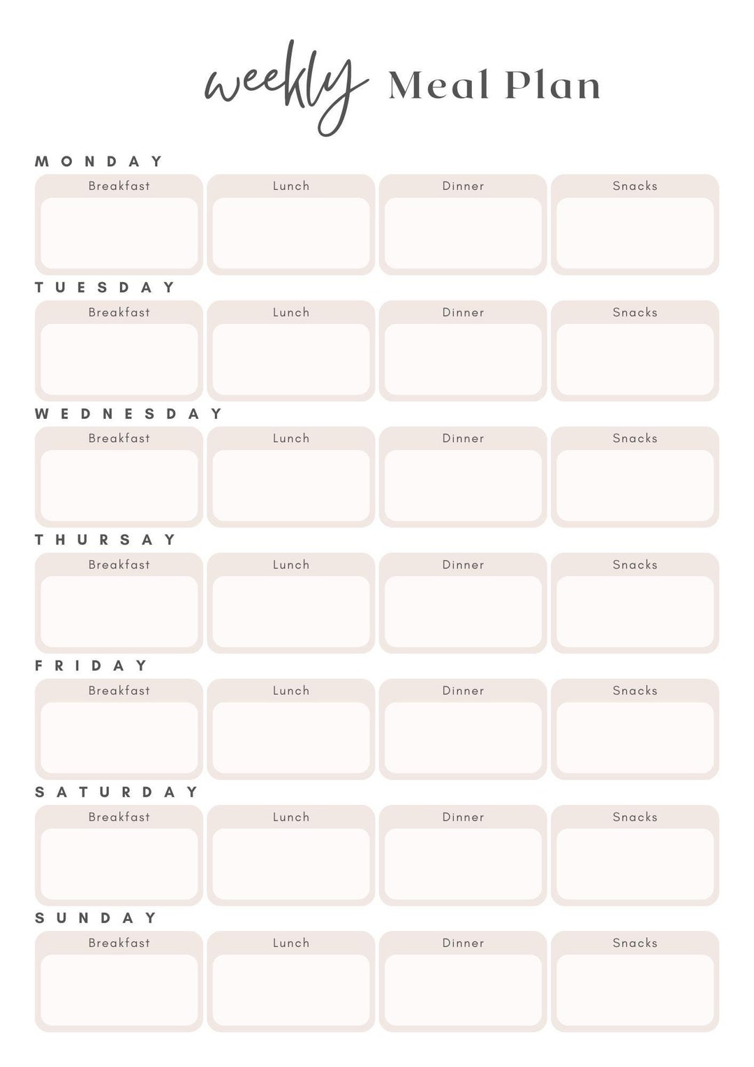 Downloadable Printable Weekly Meal Planner - Etsy