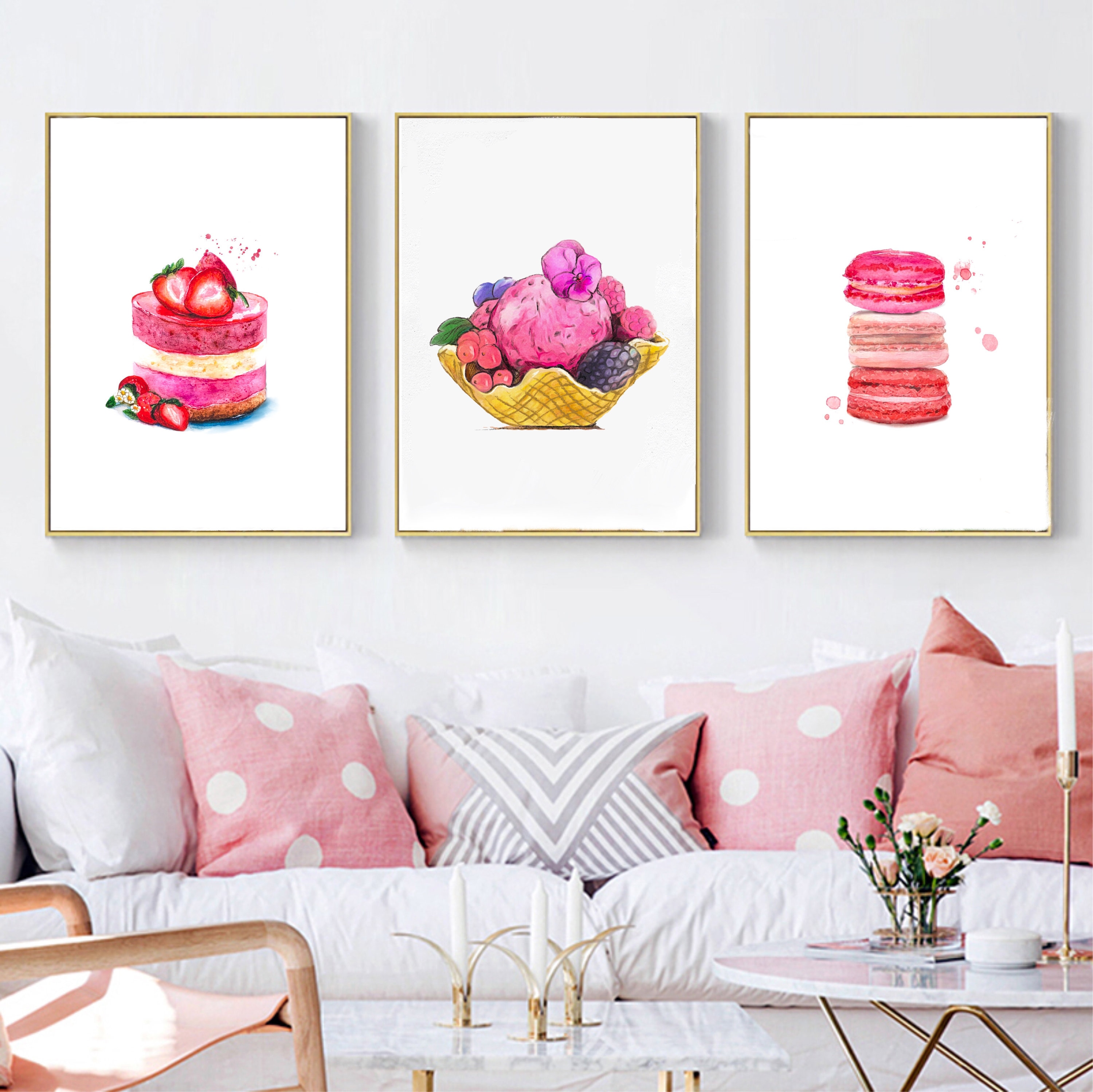 Pink food digital print, 3 piece kitchen wall art set: macaroons print, ice cream printable, rew dessert.