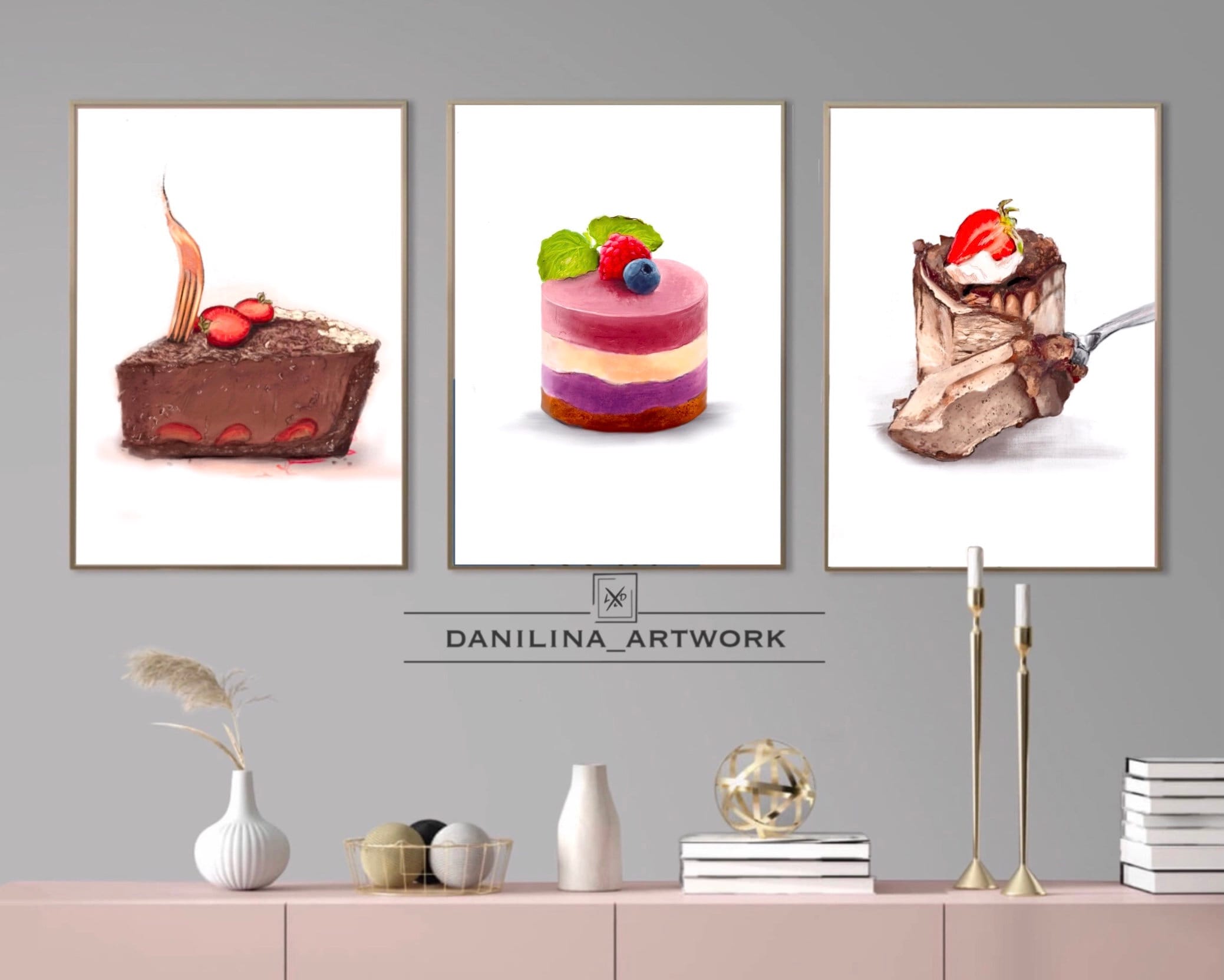 Watercolor Cake print set of 4 , sweet food art print, soul food wall art. Kitchen wall prints