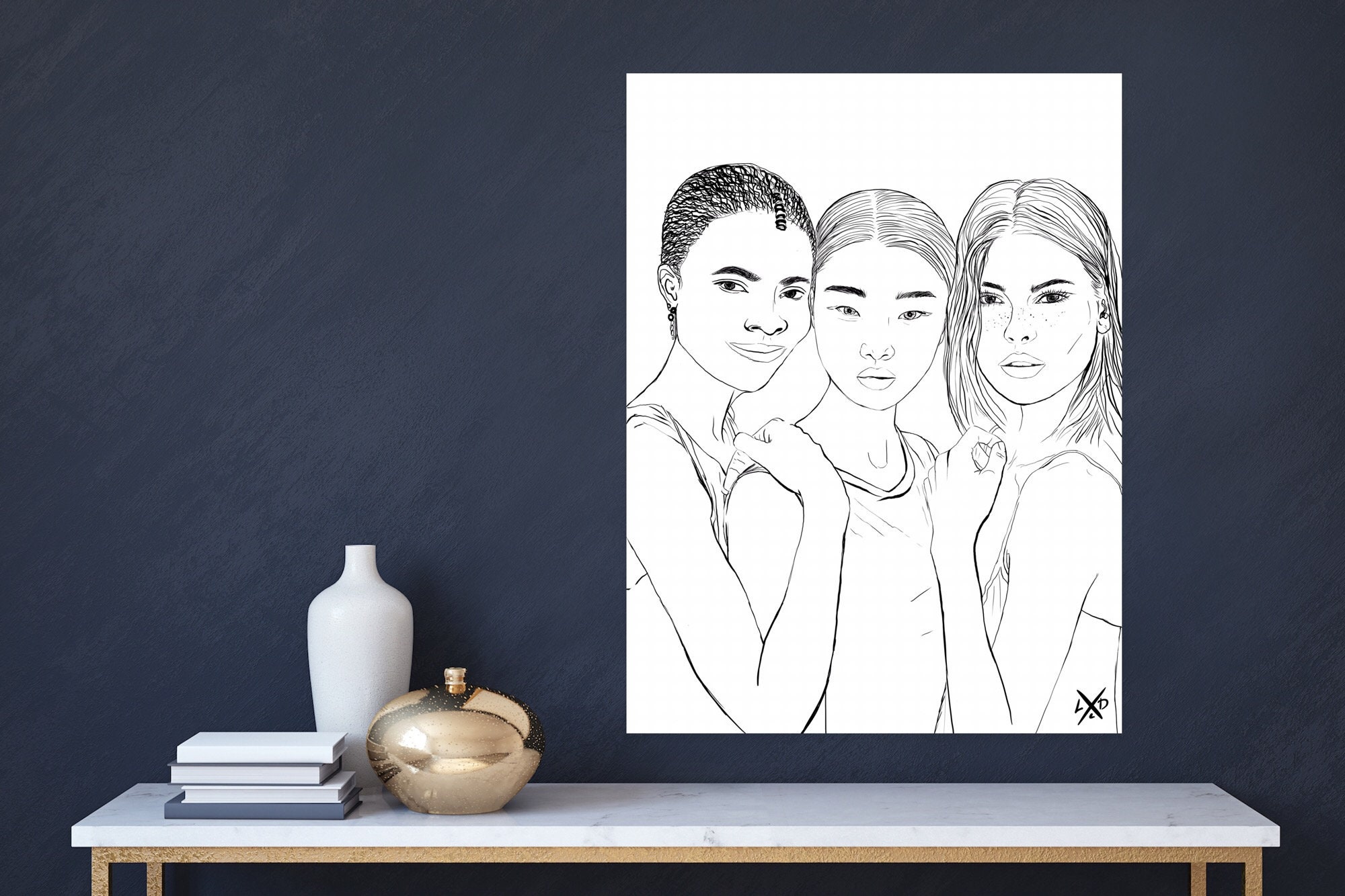 End racism print, Diversity Wall Art, woman faces line drawing, equality art. Digital download art.