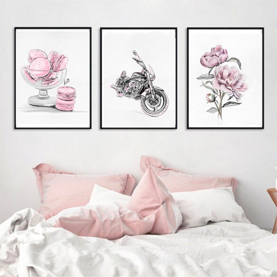 Blush pink gallery wall set of 5 prints. Glam wall art Macaroons,motorcycle print, peony art print, sketch woman face for teen girl room.