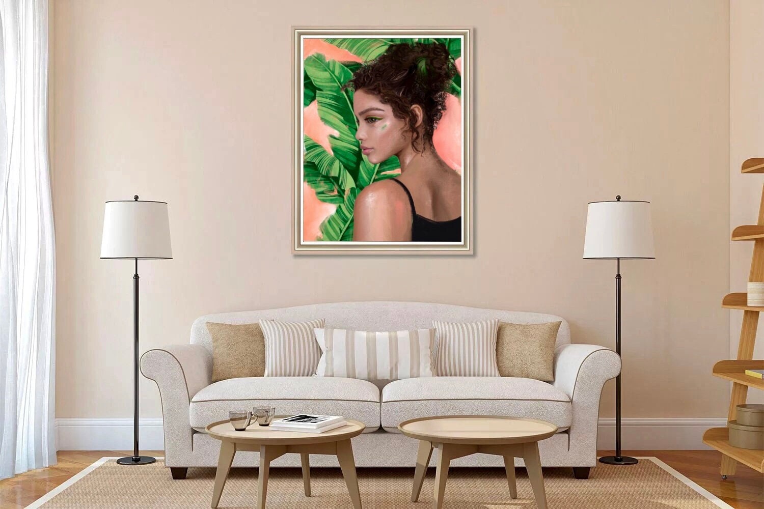 Black girl art print is tropical wall art. Black woman with palm tree digital print for girls room decor.