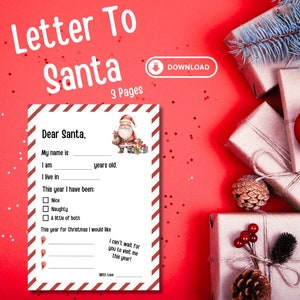 Carta a Santa, Lista de deseos de Navidad, Carta de Querido Santa, 3 páginas, Descarga instantánea