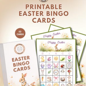 Op de afbeelding: Een set afdrukbare Paasbingokaarten met een aquarelontwerp. De doos leest "Paasbingokaarten" met een konijnenillustratie. Individuele bingokaarten bevatten paasafbeeldingen en de woorden "Happy Easter".