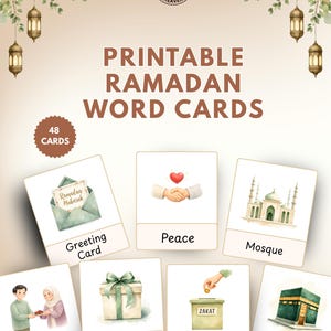 Printable Ramadan-Themed Watercolor Word Cards Set For Kids (48 Digital Cards)