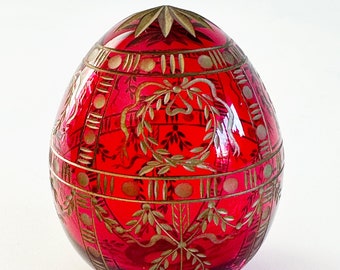 Ruby red etched glass egg, faberge style Russian 90s