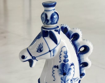 Gzhel porcelain Decanter "Chess Knight" signed by the artist, Russia 1990s