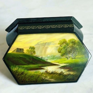 Fedoskino Mother of Pearl Hexagon Trinket box , hand painted signed by the artist, 1980s
