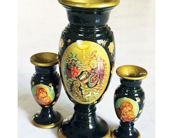 Vintage Hand-Painted Wooden Vases, Russian Icon Christ and St Mary, Signed 1997