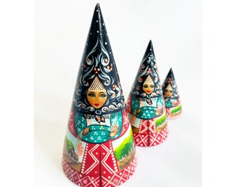 rare Cone Matryoshka dolls hand painted signed by the artist 1992
