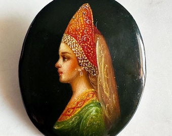 Vintage Russian Lacquer Brooch Miniature Portrait Hand Painted 1980s Collectible