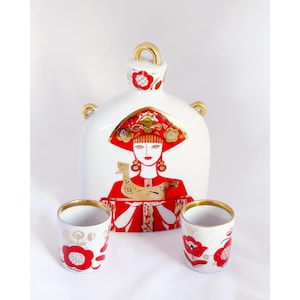 porcelain decanter, a Girl and Roaster and two shots glasses, vintage Lomonosov 1960s