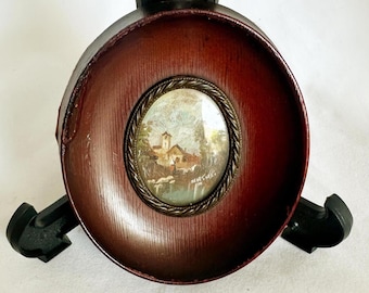 Antikes Miniaturbild 1890s Italien, signiert Landschaft, handgefertigt in Holz und Seidenrahmen