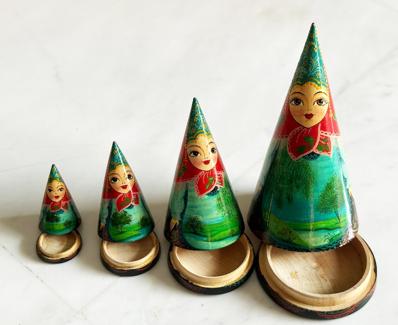 Rare Cone Matryoshka Nesting Dolls Set Hand Painted Signed Russia 1996 ...
