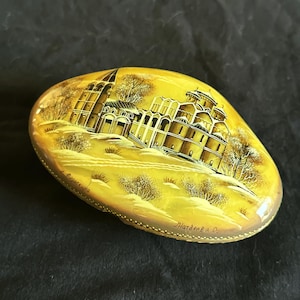 Hand Painted on Mother of Pearl vintage Trinket Box, Fedoskino USSR 1980s