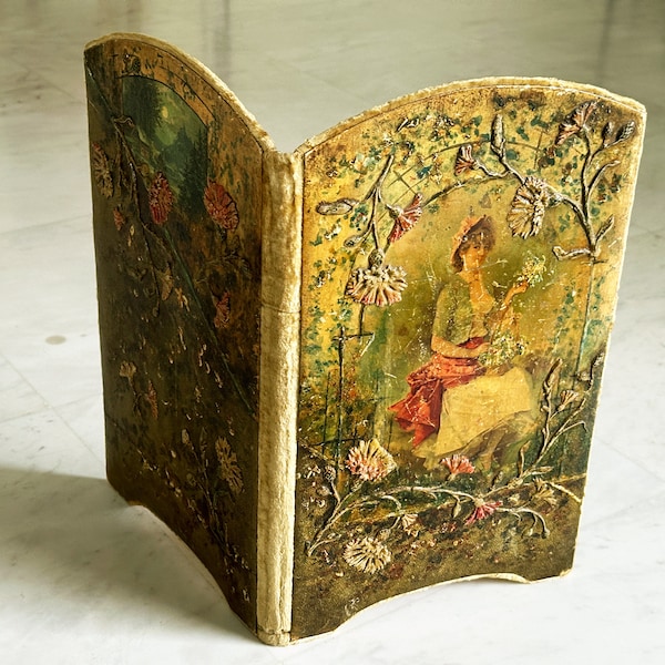 Victorian card and photo holder, papier mache,  silk and velvet, early 20th century