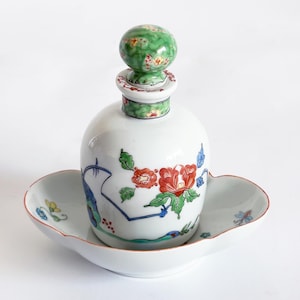 Chantilly bottle and plate, French Antique Porcelain Hand Painted Kakiemon style
