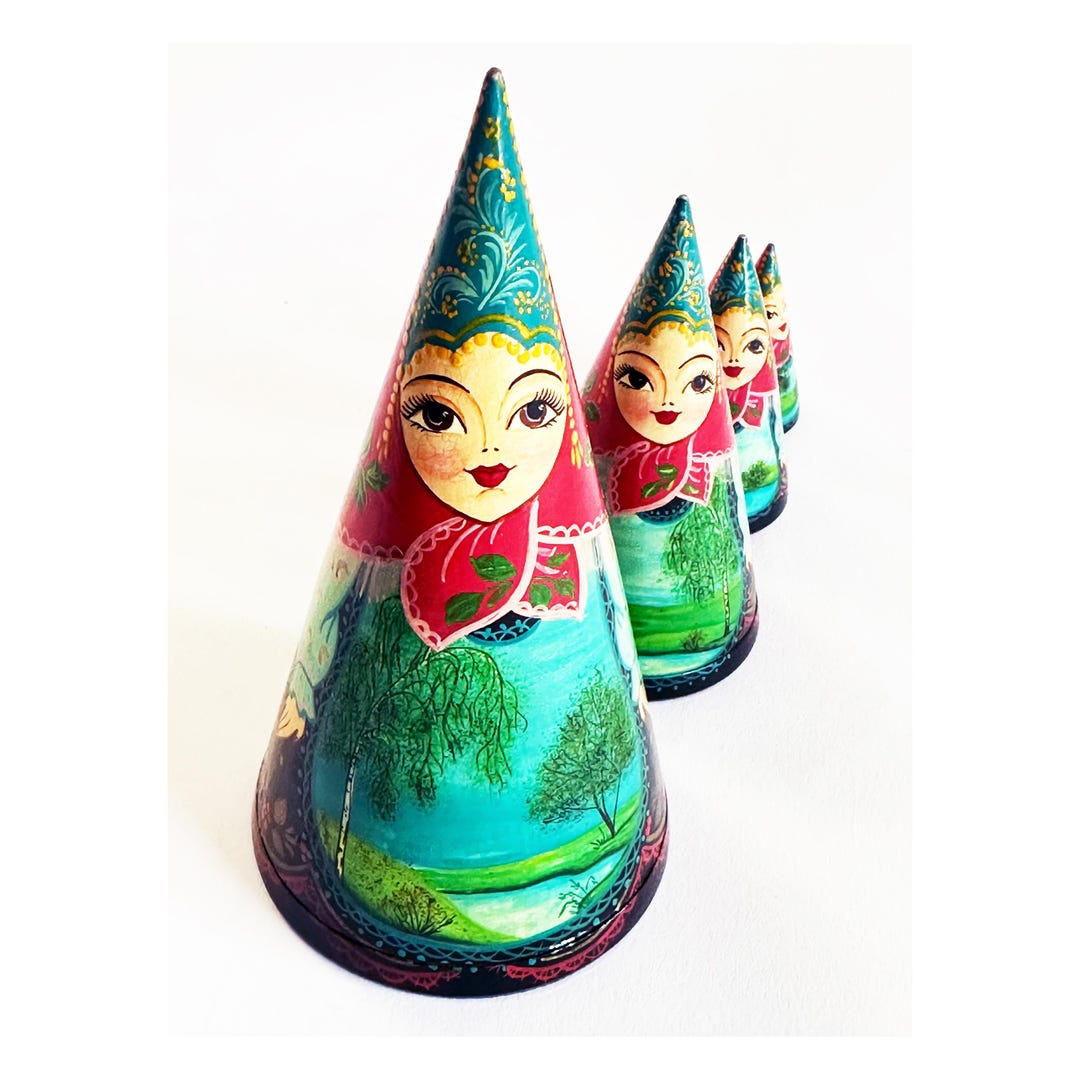 Rare Cone Matryoshka Nesting Dolls Set Hand Painted Signed Russia 1996 ...