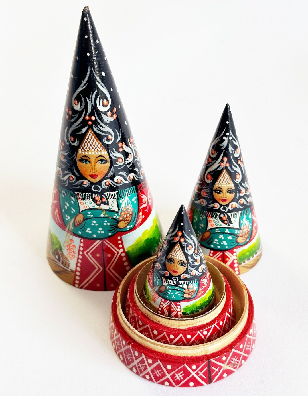 Rare Cone Matryoshka Three Dolls Hand Painted Signed by the Artist ...