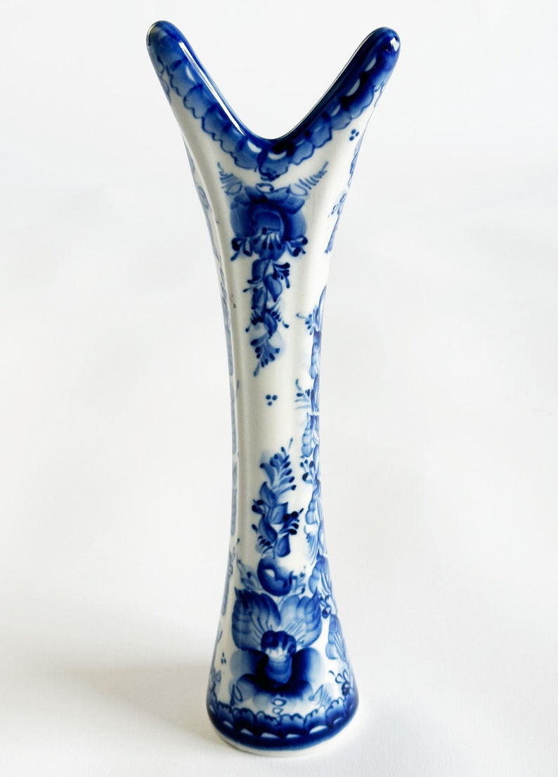 raro vaso in porcellana Gzhel con piano a petali, vintage anni '80 immagine 5