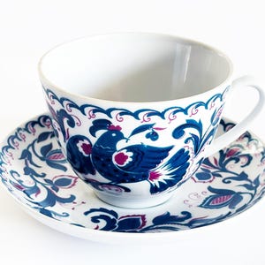 Vintage Lomonosov porcelain cup and saucer , blue bird and flowers, USSR 1970s