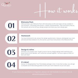 Op de afbeelding: Een roze en witte grafiek met de tekst "How it works" in een decoratief lettertype. De grafiek is verdeeld in vier secties, elk met een nummer, een titel en een beschrijving van de stappen in het ontwerpproces. De stappen zijn: 1. Welkomstpakket, 2. Huiswerk, 3. Ontwerp & verfijnen, en 4. Klaar! De grafiek bevat ook de tekst "Als je vragen of verzoeken hebt, aarzel dan niet om contact met me op te nemen via alexandra@qolorista.com".
