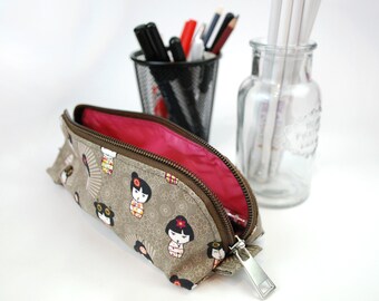 Japanese Girl Fabric Pencil Case, Brown Zipper Pencil Pouch, Makeup Pouch, Zipper Pouch, Small Pouch, Gifts for her