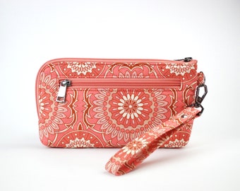 Coral Wristlet Purse Pouch with front zip pocket, Wristlet Wallet, Front Zip Wristlet, Purse Organizer, Pink purse