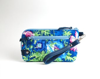 Blue Floral Wristlet Purse with a front zip pocket, Phone Wristlet Wallet, Pouch purse, Phone Wristlet Pouch, Flowers Purse, Gift for Woman