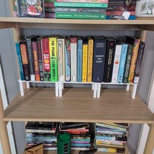 May include: A wooden bookshelf filled with books of various sizes and colours. Some books are supported by white book stands. The spines of the books display their titles. The shelves are made of light brown wood, creating a neat and organised display.
