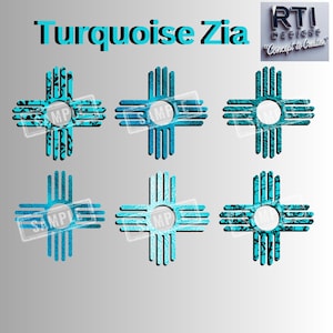 May include: Turquoise Zia designs in various styles. The designs feature a cross-like symbol with a central circle and four arms, each with vertical lines. The designs are in shades of turquoise, with some featuring patterned details. The text "Turquoise Zia" is at the top.