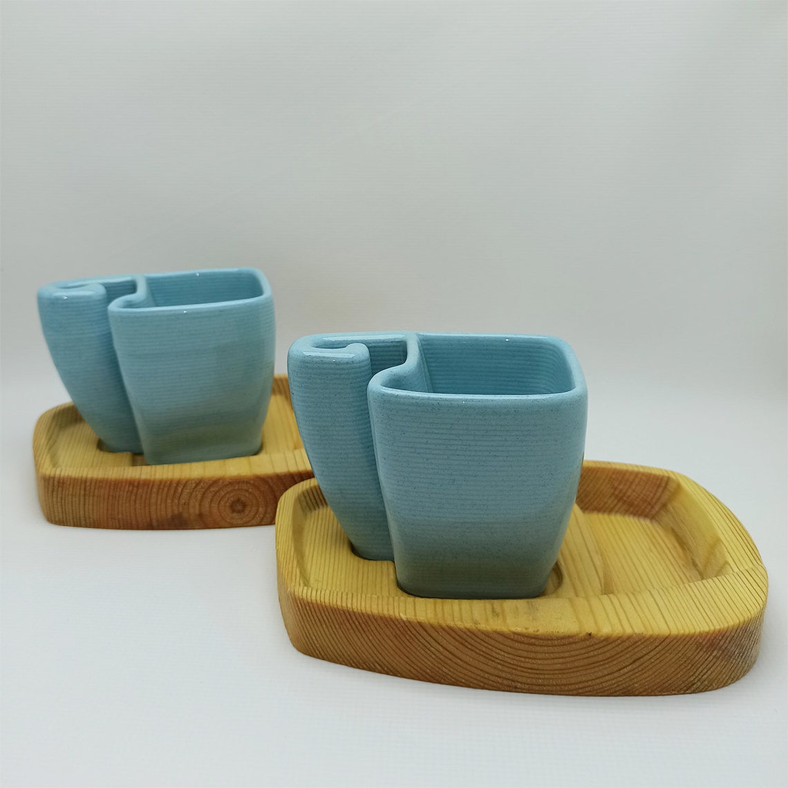 Ceramic Cups With Wooden Saucers Square Coffee Set Unique Etsy