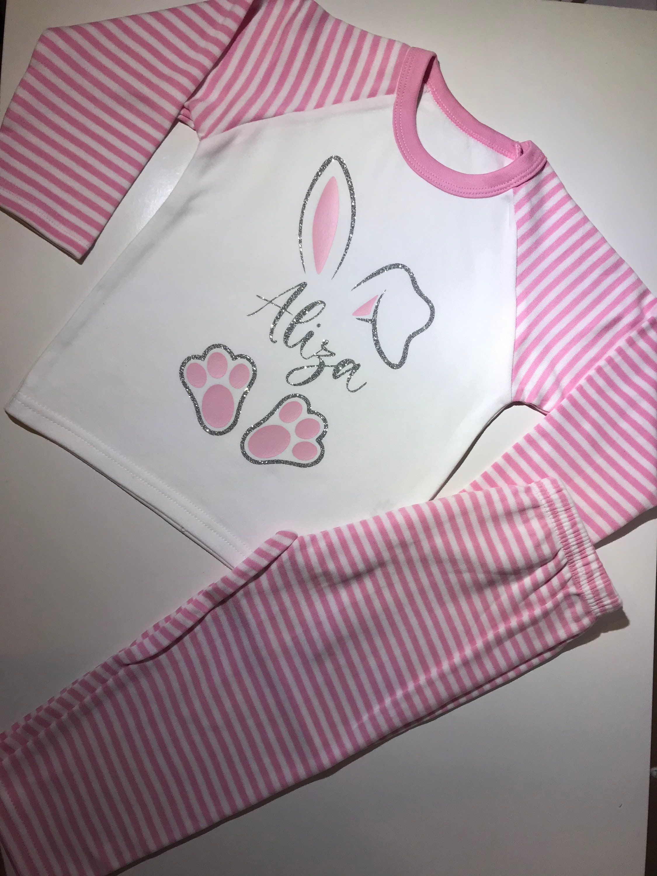 Personalised Bunny Pyjamas Pink Or Blue Stripe Night Wear Etsy
