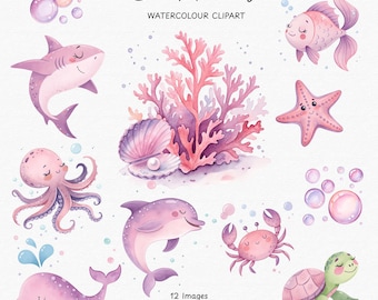 Pink Sea Animals Clipart, Cute Pastel Marine Life, Undersea Watercolor,  Baby Shower Graphics, Sea Animals Clipart, Under The Sea Clipart