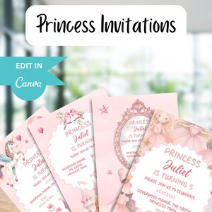 Princess Birthday Invitation Template, Pink, Editable in Canva, Printable Princess Party Invite, Set 4 Editable Invites, Instant Download