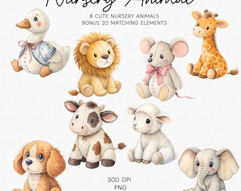 28 Watercolor Nursery Animal and Elements Bundle - Nursery Animal Clipart Bundle | Baby Animals PNG | Cute Watercolor Animals