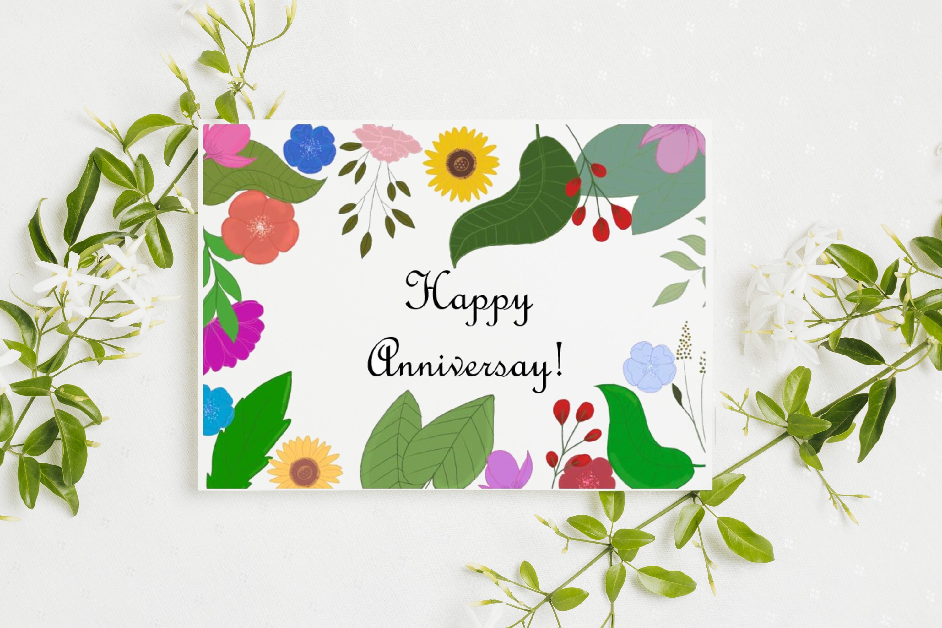 Happy Anniversary Card with Flowers Unique illustrated Etsy