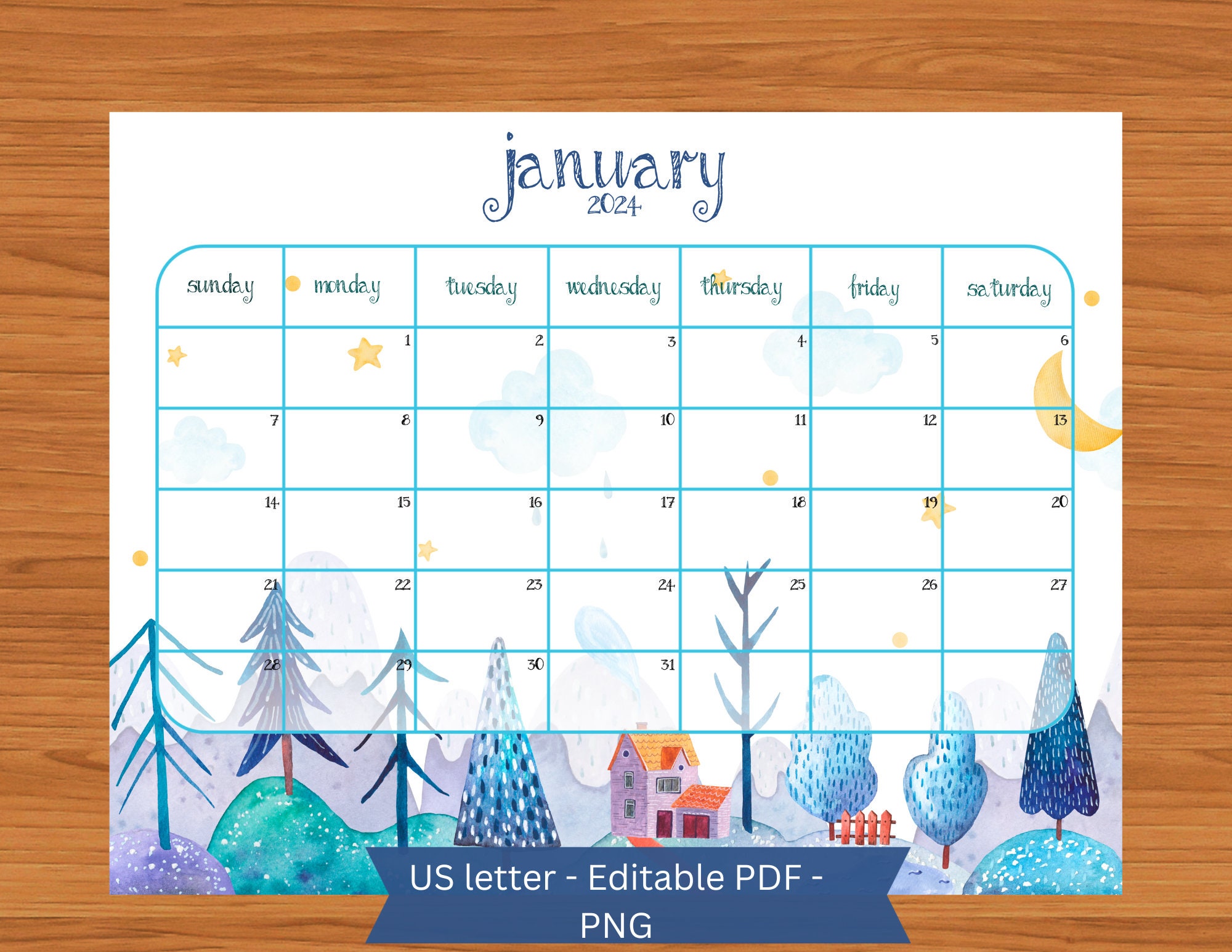 January 2024 Digital Calendar PDF Editable PNG File Winter Scene Etsy
