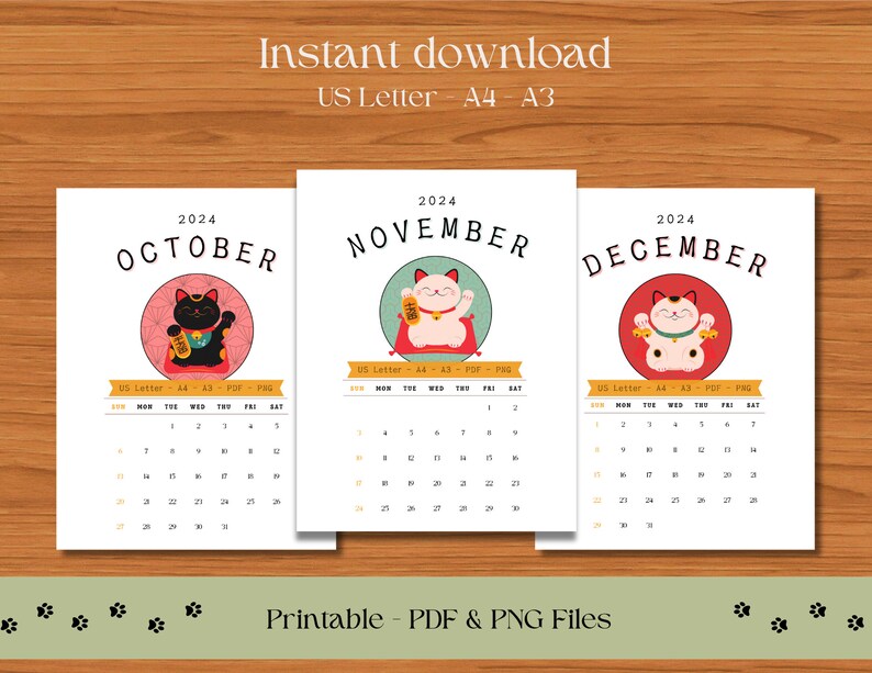 Printable Monthly 2024 Calendar, 12 Months Calendar With Japanese Lucky